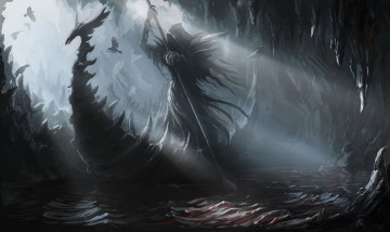 Картинка фэнтези нежить лодка арт переправа река styx haron харон вороны птицы скалы