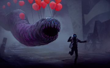обоя фэнтези, романтика апокалипсиса, romantic, apocalyptic, balloon, убегает, воздушный, шар, червь, человек, шарик