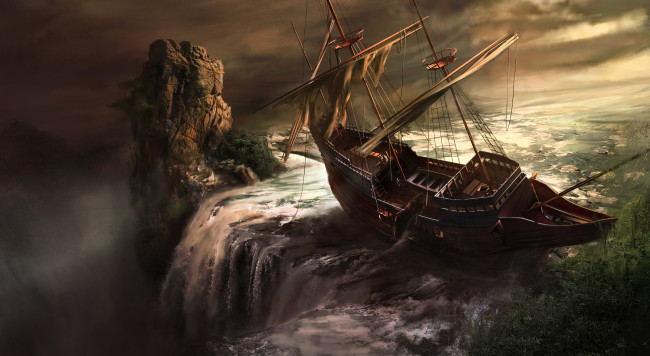 Обои картинки фото фэнтези, корабли, обрыв, art, на, краю, водопад, корабль