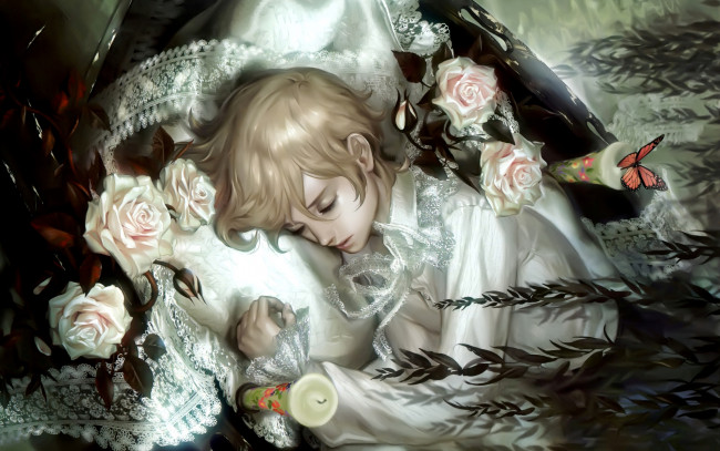 Обои картинки фото фэнтези, люди, sleeping, boy, fantasy, свечи, розы, art, midori, foo, цветы, спящий, мальчик, pink, roses, flowers, butterfly, candles, fairytale, сказка, бабочки