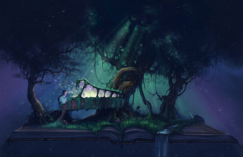 Картинка фэнтези иные+миры +иные+времена ночь мужчина дерево фантазия лучи ручей мечта музыка арт природа сатир рояль