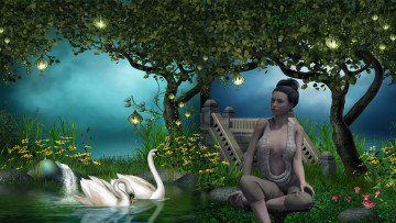 Картинка 3д+графика люди+ people взгляд пруд девушка грибы деревья фон лебеди