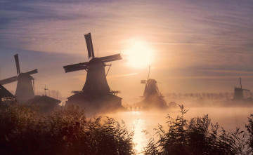 обоя разное, мельницы, туман, утро, sunrise, fog, windmill
