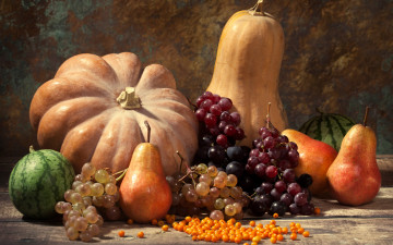 Картинка еда фрукты+и+овощи+вместе autumn harvest still life fruits leaves pumpkin nuts осень дистья урожай тыква