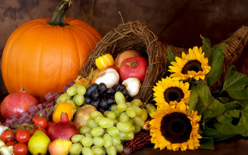 обоя еда, фрукты и овощи вместе, autumn, harvest, still, life, fruits, leaves, pumpkin, nuts, осень, дистья, урожай, тыква
