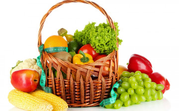 Картинка еда фрукты+и+овощи+вместе grapes перец salad fruits vegetables кукуруза apple салат капуста виноград orange яблоко pepper апельсин