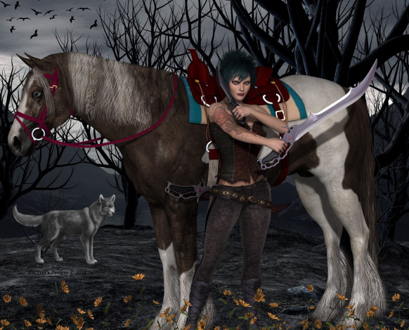 Обои картинки фото 3д графика, фантазия , fantasy, девушка, природа, собака, лошадь, оружие, фон, взгляд
