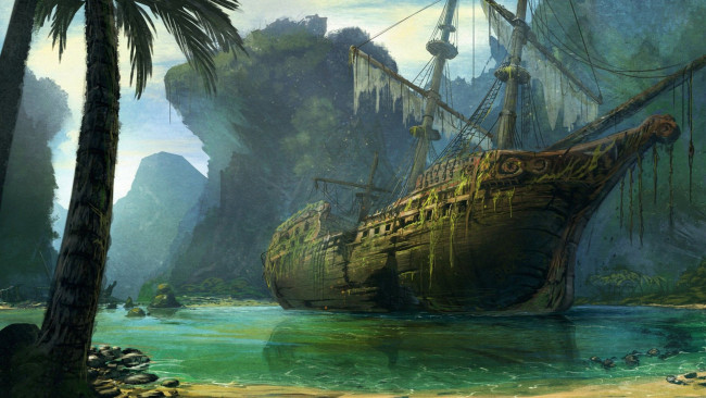 Обои картинки фото фэнтези, корабли, мель, скалы, парусник, лес, корабль