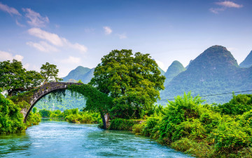 Картинка природа реки озера река зелень yangshuo китай кусты мост горы деревья yulong bridge красота лес