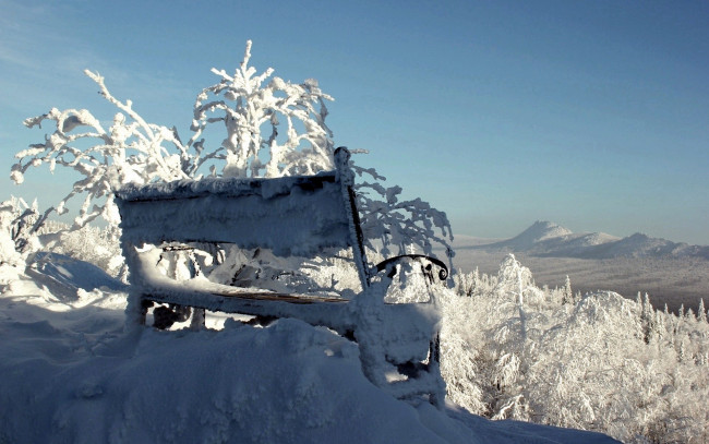 Обои картинки фото природа, зима, скамейка, снег