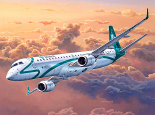 Картинка авиация 3д рисованые v-graphic солнце небо облака полёт embraer erj 19 пассажирский самолет арт вираж рисунок