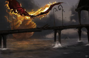 обоя фэнтези, драконы, мост, арт, ситуация, огонь, manon, bargier, дракон