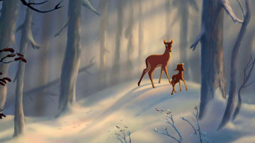 обоя мультфильмы, bambi 2, олененок, олень, снег, деревья