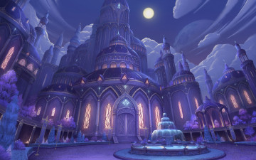 Картинка фэнтези замки ночь дворец фонтан fantasy луна