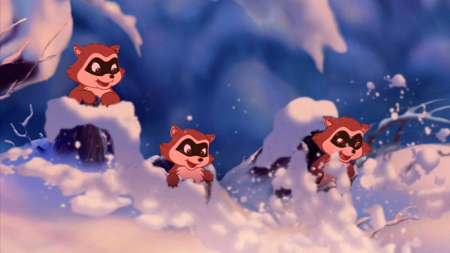 Обои картинки фото мультфильмы, bambi 2, енот, трое, снег