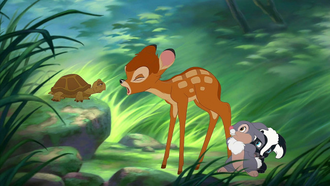 Обои картинки фото мультфильмы, bambi 2, камень, растения, скунс, заяц, олененок, черепаха