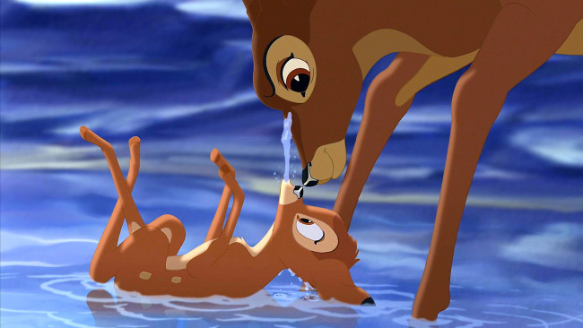 Обои картинки фото мультфильмы, bambi 2, олень, олененок, водоем, брызги