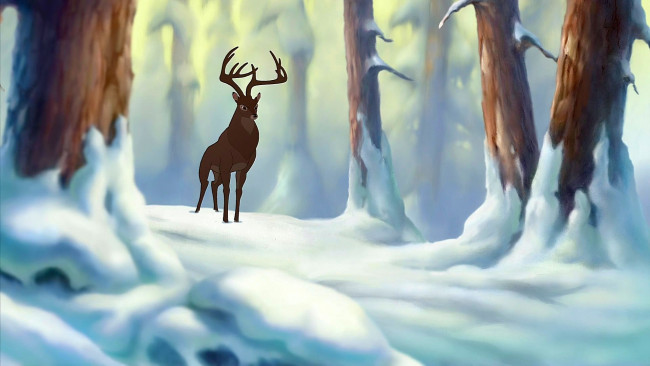 Обои картинки фото мультфильмы, bambi 2, олень, снег, деревья