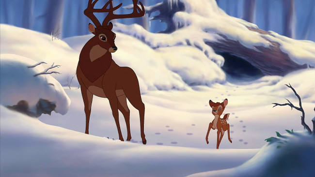 Обои картинки фото мультфильмы, bambi 2, олененок, олень, снег