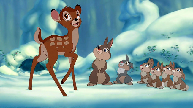 Обои картинки фото мультфильмы, bambi 2, олененок, заяц, много, снег