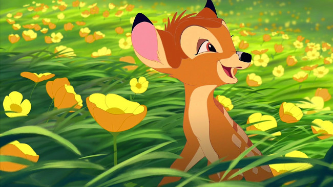 Обои картинки фото мультфильмы, bambi 2, смех, растения, олененок, цветы