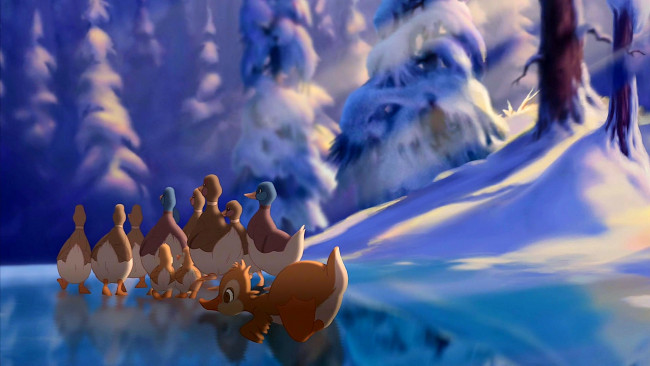 Обои картинки фото мультфильмы, bambi 2, утка, каток, снег, деревья