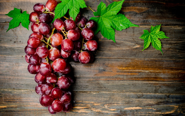Обои картинки фото еда, виноград, ягоды, доски, красный, листья