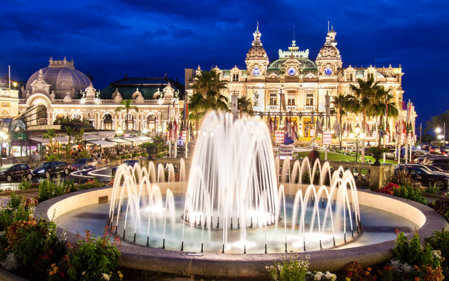 Обои картинки фото города, монако , монако, огни, монте-карло, ночь, дворец, casino, фонтан