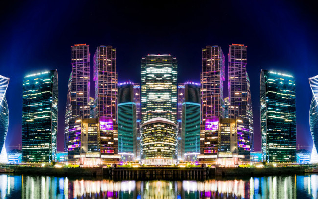 Обои картинки фото города, москва , россия, ночь, огни, столица, дома, небоскребы, река, москва
