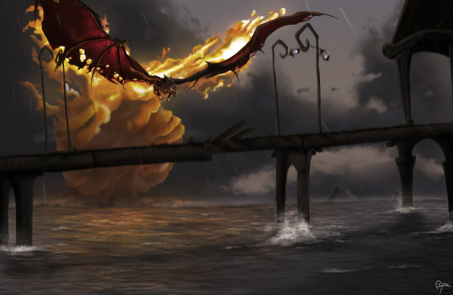 Обои картинки фото фэнтези, драконы, мост, арт, ситуация, огонь, manon, bargier, дракон