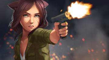 Картинка аниме оружие +техника +технологии взгляд фон пистолет ушки девушка