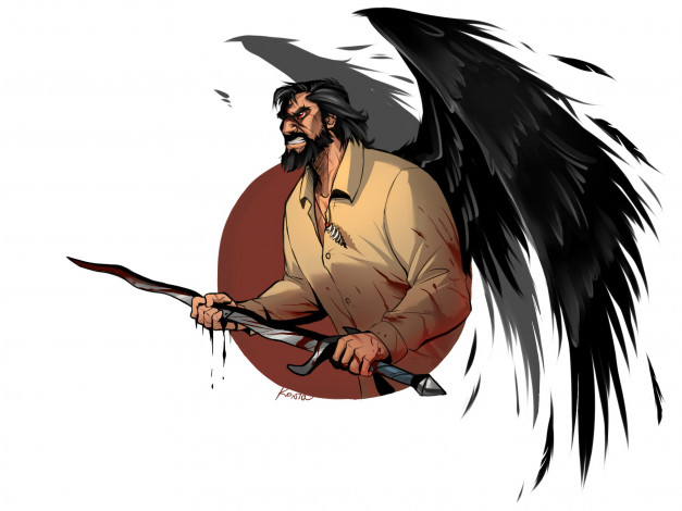 Обои картинки фото рисованное, комиксы, ангел, мужчина, кровь, крылья, меч