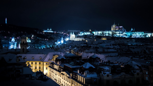 Обои картинки фото города, прага , Чехия, вечер, панорама, огни