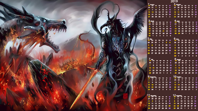 Обои картинки фото календари, фэнтези, воин, пламя, оружие, дракон