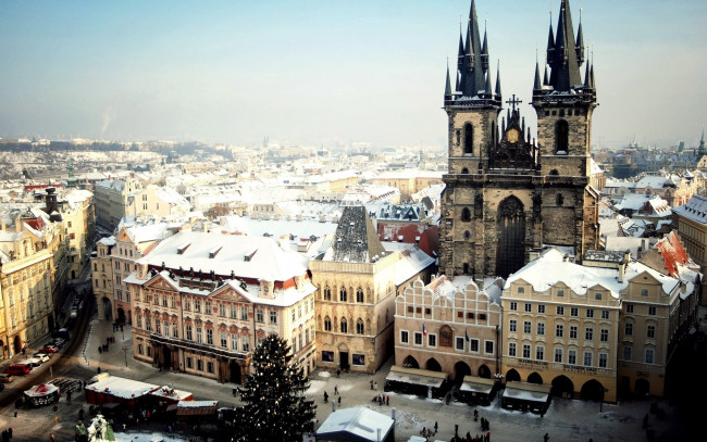 Обои картинки фото города, прага , Чехия, елка, площадь, зима