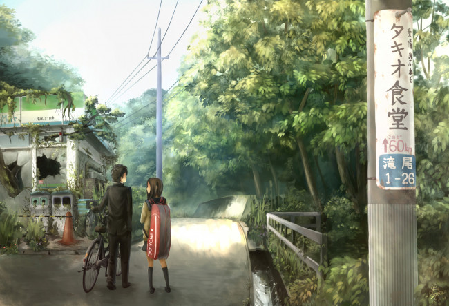 Обои картинки фото аниме, город,  улицы,  интерьер,  здания, девочка, рюкзак, мальчик, здание, дорога, велосипед