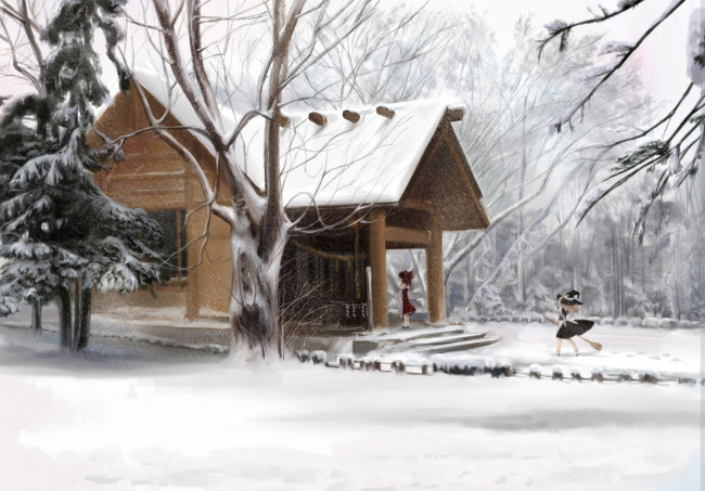 Обои картинки фото аниме, touhou, зима, дом, девушки, снег