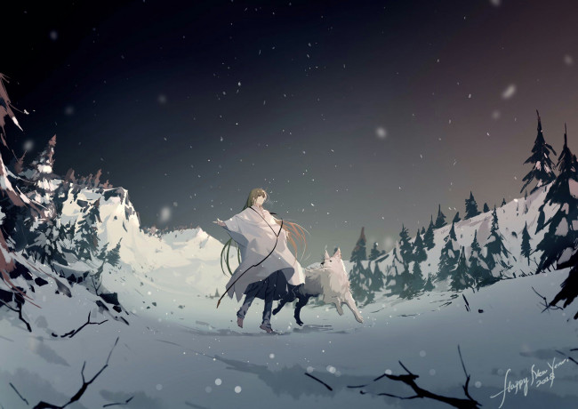 Обои картинки фото аниме, fate, stay night,  grand order,  apocrypha, девушка, снег, собака, деревья, зима, горы