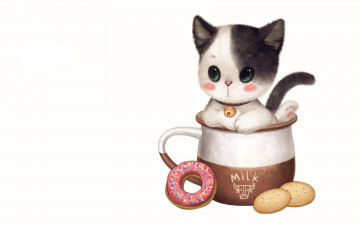 Картинка рисованные животные коты чашка котенок пончик печенье