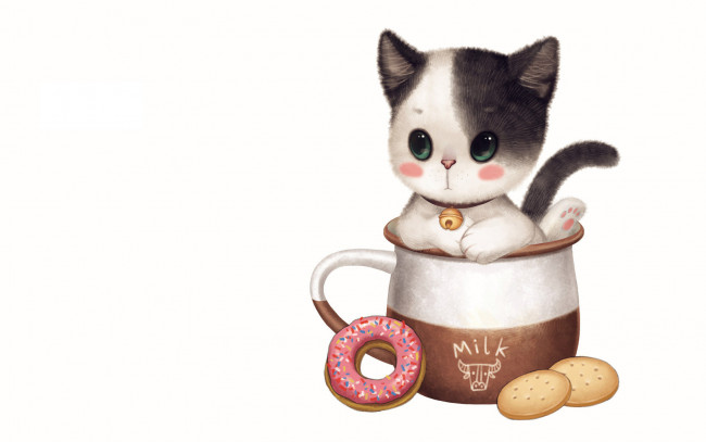Обои картинки фото рисованные, животные, коты, чашка, котенок, пончик, печенье