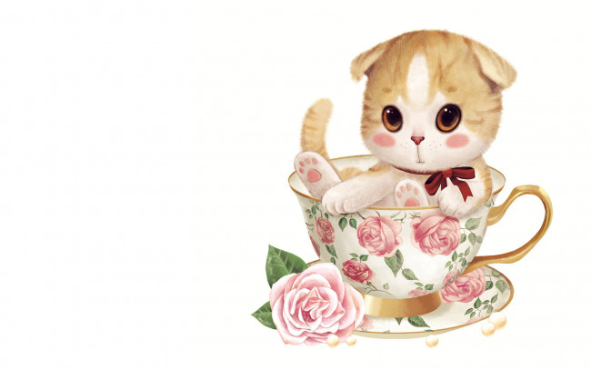 Обои картинки фото рисованные, животные, коты, котенок, чашка, роза