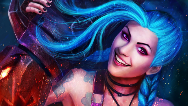 Обои картинки фото фэнтези, девушки, jinx, улыбка, волосы, лицо, league of legends