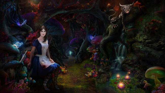 Обои картинки фото фэнтези, девушки, лес, кот, алиса, грибы