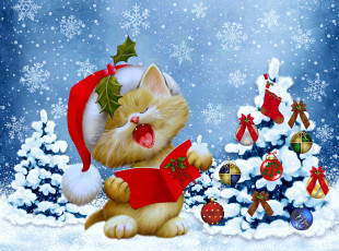 обоя праздничные, рисованные, рождество, winter, snow, новый, год, зима, tree, кошка, елка, снежинки, christmas, new, year
