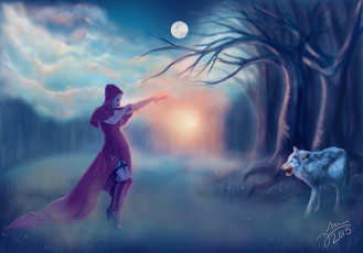 Картинка фэнтези красавицы+и+чудовища девушка поляна лес волк шапочка красная луна