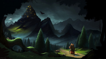 Картинка фэнтези пейзажи лес ночь город пилигрим путник мир иной