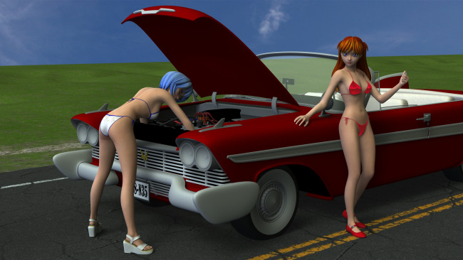 Обои картинки фото автомобили, 3d car&girl, автомобиль, фон, взгляд, девушки