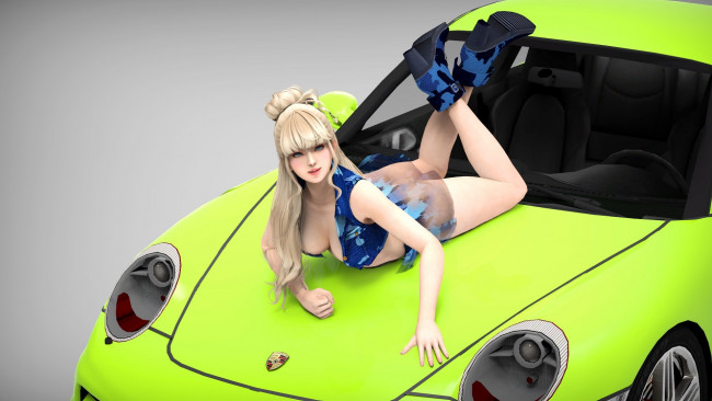 Обои картинки фото автомобили, 3d car&girl, автомобиль, фон, взгляд, девушка