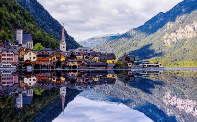 Обои картинки фото города, - пейзажи, гальштат, дома, леса, облака, отражение, austria, alps, горы, альпы, озеро, австрия, hallstatt