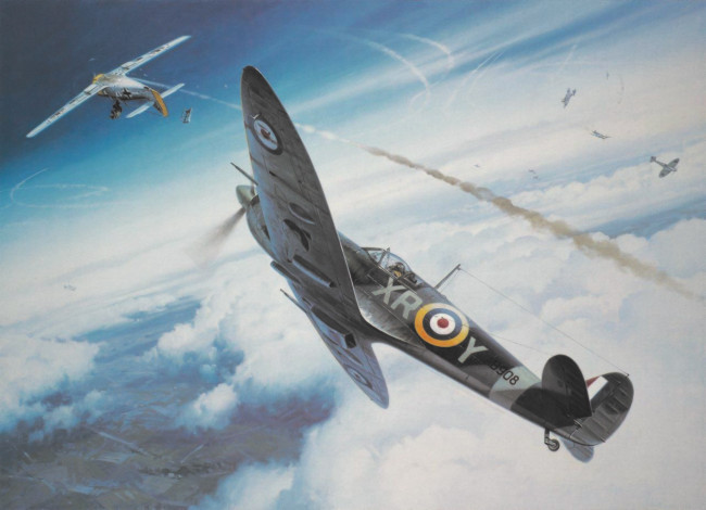 Обои картинки фото рисованное, авиация, dogfight, painting, ww2, war, art, spitfire